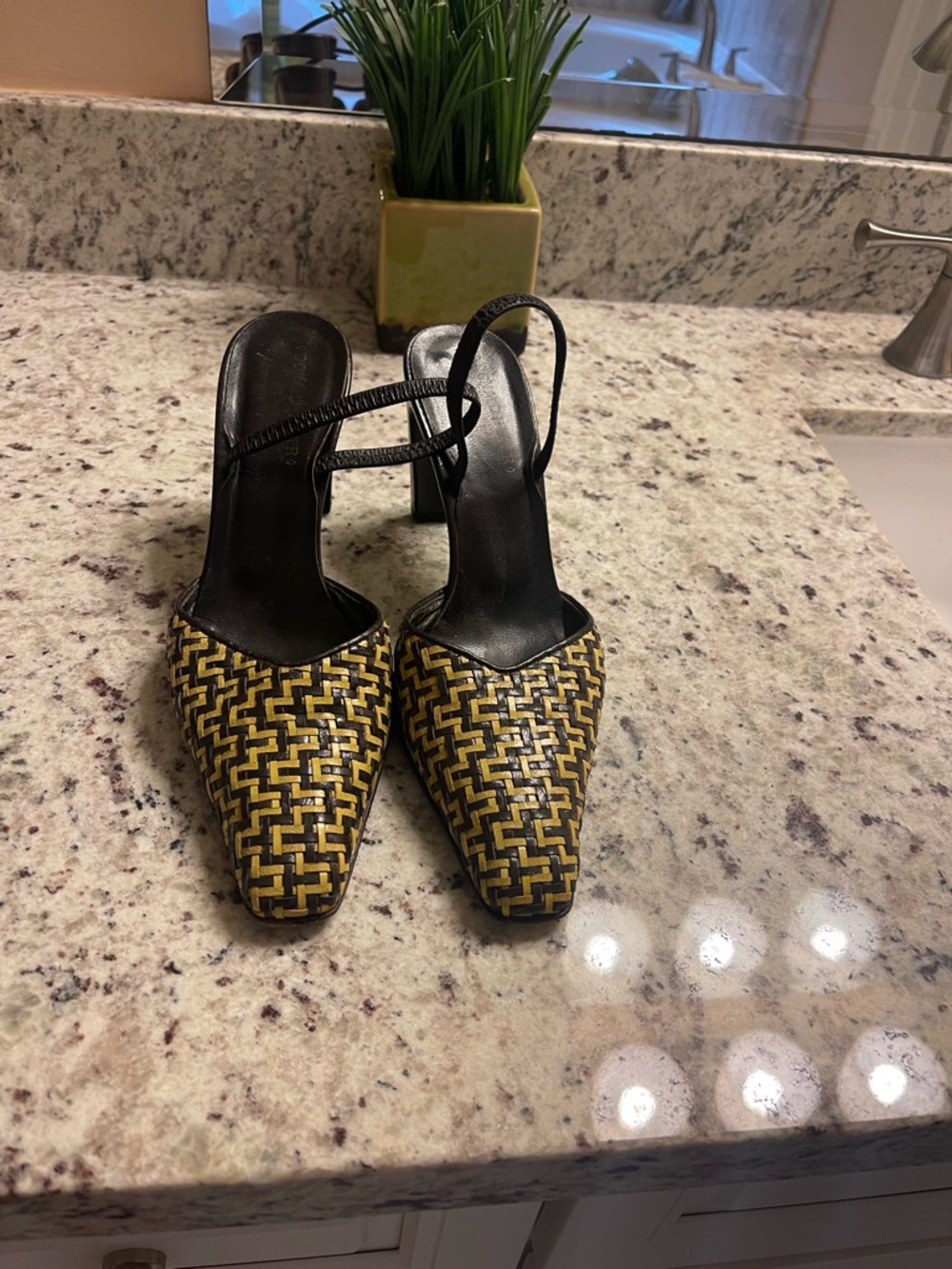Donald Pliner Woven Yellow and Brown Slingback Heels